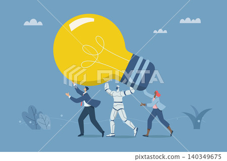 Teamwork creating big ideas, Developing effective ideas, Working with artificial intelligence, New innovation, AI, Business team and robots are holding a big light bulb. Vector design illustration. Teamwork creating big ideas, Developing effective ideas, Working with artificial intelligence, New innovation, AI, Business team and robots are holding a big light bulb. Vector design illustration. 140349675
