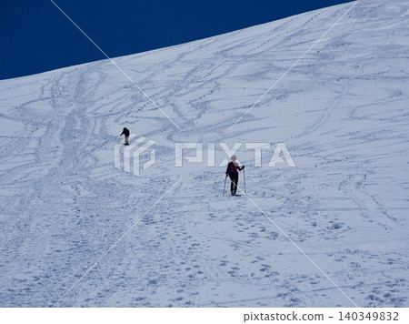 Snowy scenery and hikers at the summit of Murodo Mountain on the Tateyama Kurobe Alpine Route, a popular tourist spot. Snowy scenery and hikers at the summit of Murodo Mountain on the Tateyama Kurobe Alpine Route, a popular tourist spot. 140349832