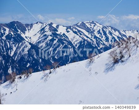 A snowy landscape of the Alps mountain range as seen from Daikanbo on the Tateyama Kurobe Alpine Route, a popular tourist spot. 140349839