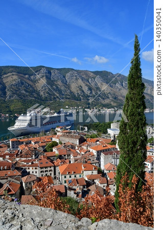 Montenegro, Kotor, Old Town, Streetscape, View from the City Walls, Kotor Bay, Cruise Ship Montenegro, Kotor, Old Town, Streetscape, View from the City Walls, Kotor Bay, Cruise Ship 140350041