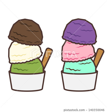 An illustration of colorful three-scoop ice cream in two cups. 140350046