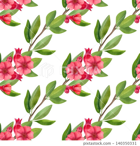 Seamless pattern with a branch with red flowers, pomegranates and green foliage. Hand-drawn watercolor illustration of exotic plants for summer decor, cards, packaging, cosmetics, and fabric. Seamless pattern with a branch with red flowers, pomegranates and green foliage. Hand-drawn watercolor illustration of exotic plants for summer decor, cards, packaging, cosmetics, and fabric. 140350331