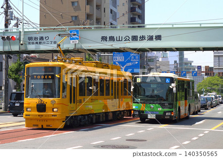 Asukayama Intersection: Toei buses lined up, and Toden Arakawa Line 8500 series car No. 8501. Asukayama Intersection: Toei buses lined up, and Toden Arakawa Line 8500 series car No. 8501. 140350565