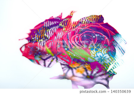 The multiple exposure photograph taken with the camera, featuring pink roses and traditional Japanese patterns, is beautiful. The multiple exposure photograph taken with the camera, featuring pink roses and traditional Japanese patterns, is beautiful. 140350639