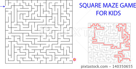 Square maze game vector template for kids with red line solution worksheet and flower goal icon Square maze game vector template for kids with red line solution worksheet and flower goal icon 140350655