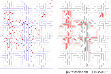 Rectangle maze puzzle game vector template with red stars path and line solution worksheet for kids Rectangle maze puzzle game vector template with red stars path and line solution worksheet for kids 140350656