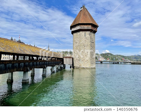 [Switzerland] The octagonal water tower of the Chapel Bridge over Lake Lucerne 140350676
