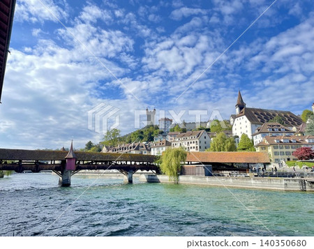 [Switzerland] Landscape with Spreuer Bridge and Muzeg Fortress Walls 140350680