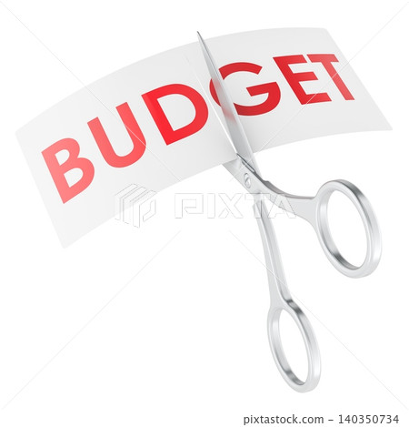 Scissors cutting budget paper sign. Budget reduction, cost cutting and spending cuts. 3d rendering Scissors cutting budget paper sign. Budget reduction, cost cutting and spending cuts. 3d rendering 140350734