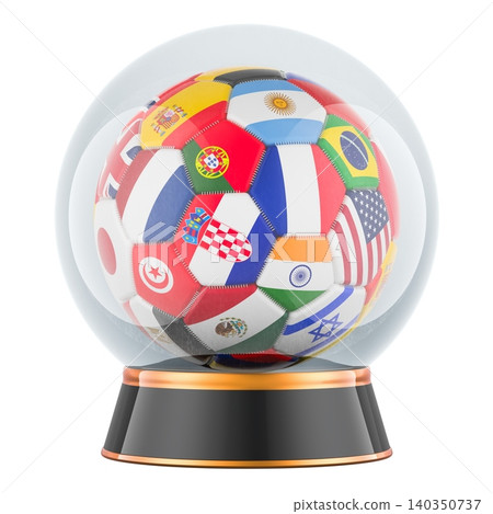 Soccer ball in crystal ball with country flags. Football prediction, tournament forecast, concept. 3d rendering Soccer ball in crystal ball with country flags. Football prediction, tournament forecast, concept. 3d rendering 140350737