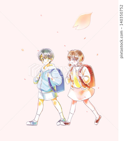Smiling boys and girls walking with school bags on their backs; first graders; cherry blossoms falling. Smiling boys and girls walking with school bags on their backs; first graders; cherry blossoms falling. 140350752
