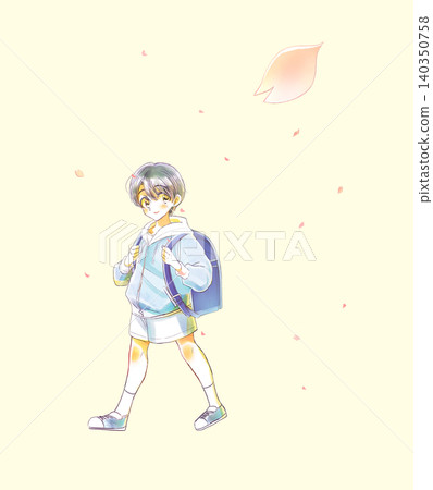 A smiling boy, a first-grader, walks with his schoolbag on his back, amidst a flurry of cherry blossoms. A smiling boy, a first-grader, walks with his schoolbag on his back, amidst a flurry of cherry blossoms. 140350758