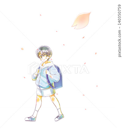 A smiling boy, a first-grader, walks with his schoolbag on his back, amidst a flurry of cherry blossoms. A smiling boy, a first-grader, walks with his schoolbag on his back, amidst a flurry of cherry blossoms. 140350759
