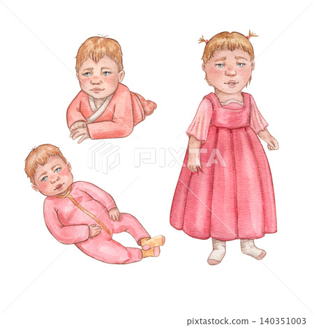 A children's collection with three children in pink clothes who lie, crawl and stand. Watercolor illustration is ideal for decorating, first birthday invitations, posters, packaging, baby shower. A children's collection with three children in pink clothes who lie, crawl and stand. Watercolor illustration is ideal for decorating, first birthday invitations, posters, packaging, baby shower. 140351003
