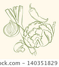 Hand-drawn cauliflower, chili pepper, onion, leek vegetables composition in line art style for grocery shop, summer farmers market 140351829