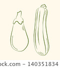 Hand-drawn eggplant and zucchini in line art sketch style for grocery shop, farmers market, summer packaging, cooking ingredients 140351834