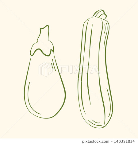 Hand-drawn eggplant and zucchini in line art sketch style for grocery shop, farmers market, summer packaging, cooking ingredients Hand-drawn eggplant and zucchini in line art sketch style for grocery shop, farmers market, summer packaging, cooking ingredients 140351834