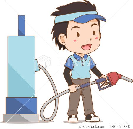 Cartoon Gas Station Attendant Holding Fuel Pump. Cartoon Gas Station Attendant Holding Fuel Pump. 140351888