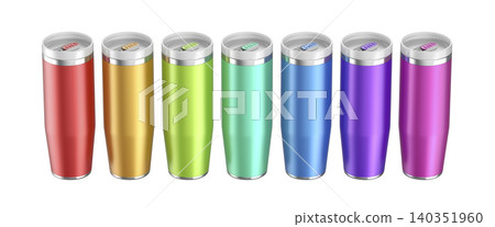Row of colorful insulated travel cups Row of colorful insulated travel cups 140351960