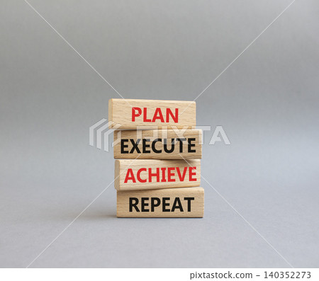 Plan Execute Achieve Repeat symbol. Wooden blocks with words Plan Execute Achieve Repeat. Beautiful grey background. Business concept. Copy space 140352273