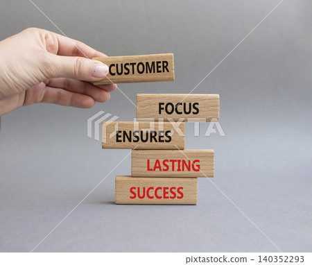 Customer Focus symbol. Wooden blocks with words Customer Focus Ensures Lasting Success. Businessman hand. Beautiful grey background. Businessman hand. Business and Customer Focus concept. Copy space Customer Focus symbol. Wooden blocks with words Customer Focus Ensures Lasting Success. Businessman hand. Beautiful grey background. Businessman hand. Business and Customer Focus concept. Copy space 140352293