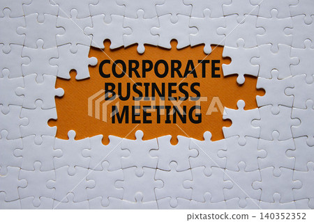 Corporate Business Meeting symbol. White puzzle with words Corporate Business Meeting. Beautiful orange background. Business concept. Copy space. Corporate Business Meeting symbol. White puzzle with words Corporate Business Meeting. Beautiful orange background. Business concept. Copy space. 140352352