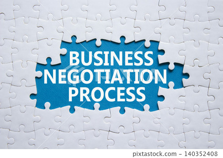 Business Negotiation Process symbol. White puzzle with words Business Negotiation Process. Beautiful blue background. Business concept. Copy space. 140352408