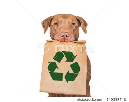 Charming brown American Pit bull holds kraft paper bag 140352748