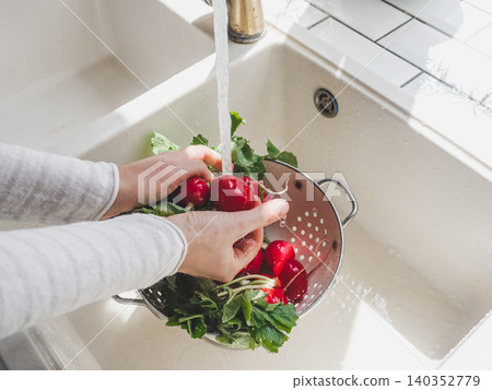 Hands washing fresh radishes Hands washing fresh radishes 140352779