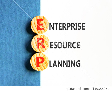 ERP enterprise resource planning symbol. Concept words ERP enterprise resource planning on beautiful wooden circles. Beautiful white blue background. Business ERP concept. Copy space. ERP enterprise resource planning symbol. Concept words ERP enterprise resource planning on beautiful wooden circles. Beautiful white blue background. Business ERP concept. Copy space. 140353152