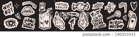 Grunge scribble stickers, hand drawn doodle crayon illustration, urban art vector design element set Grunge scribble stickers, hand drawn doodle crayon illustration, urban art vector design element set 140353431