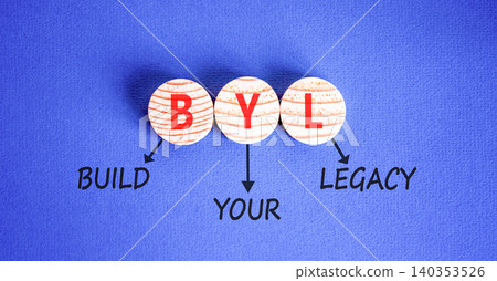 BYL build your legacy symbol. Concept words BYL build your legacy on beautiful wooden circles. Beautiful blue background. Business BYL build your legacy concept. Copy space 140353526