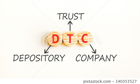 DTC depository trust company symbol. Concept words DTC depository trust company on beautiful wooden circles. Beautiful white background. Business DTC depository trust company concept. Copy space. 140353527