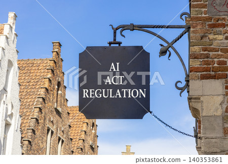 AI act regulation words symbol. Concept words AI artificial intelligence act regulation on beautiful black road sign. Beautiful blue sky background. Business AI act regulation concept. Copy space. AI act regulation words symbol. Concept words AI artificial intelligence act regulation on beautiful black road sign. Beautiful blue sky background. Business AI act regulation concept. Copy space. 140353861