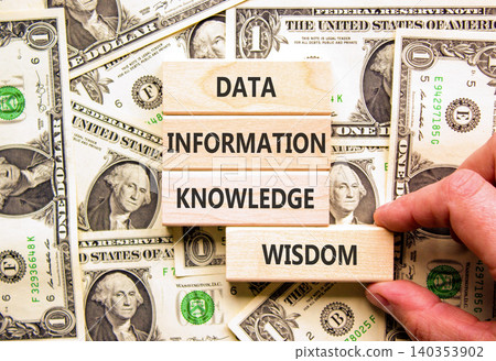 Knowledge Wisdom symbol. Concept words Data Information Knowledge Wisdom on beautiful wooden blocks. Beautiful dollar bills background. Business Knowledge Wisdom Information concept. Copy space. Knowledge Wisdom symbol. Concept words Data Information Knowledge Wisdom on beautiful wooden blocks. Beautiful dollar bills background. Business Knowledge Wisdom Information concept. Copy space. 140353902