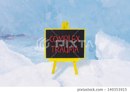 Complex trauma words symbol. Concept words Complex trauma on beautiful black blackboard. Beautiful blue ice background. Psychological complex trauma support concept. Copy space. Complex trauma words symbol. Concept words Complex trauma on beautiful black blackboard. Beautiful blue ice background. Psychological complex trauma support concept. Copy space. 140353915