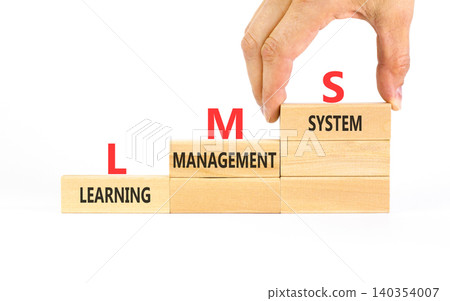 LMS learning management system symbol. Concept words LMS learning management system on beautiful wooden blocks. Beautiful white background. Business LMS learning management system concept. Copy space 140354007