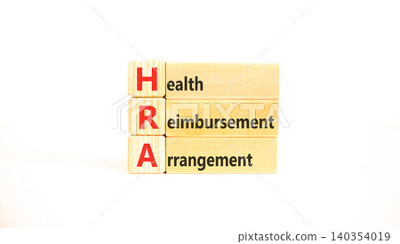 HRA health reimbursement arrangement symbol. Concept words HRA health reimbursement arrangement on beautiful wooden blocks. Beautiful white background. Medical HRA concept. Copy space. 140354019