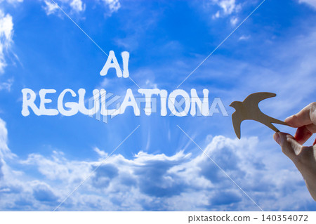 AI regulation symbol. Concept words AI artificial intelligence regulation on beautiful blue sky. Beautiful blue sky background. Business AI artificial intelligence regulation concept. Copy space. 140354072