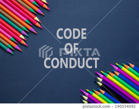 Code of conduct words symbol. Concept words Code of conduct on beautiful black paper. Beautiful black background. Beautiful colored pencils. Business Code of conduct concept. Copy space. 140354092