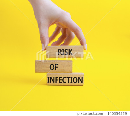Risk of Infection symbol. Wooden blocks with words Risk of Infection. Businessman hand. Beautiful yellow background. Medicine and Risk of Infection concept. Copy space. Risk of Infection symbol. Wooden blocks with words Risk of Infection. Businessman hand. Beautiful yellow background. Medicine and Risk of Infection concept. Copy space. 140354259