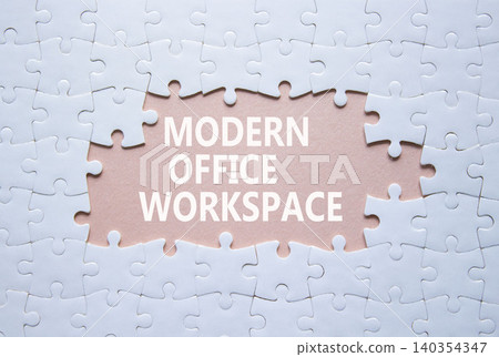 Modern Office Workspace symbol. White puzzle with words Modern Office Workspace. Beautiful pink background. Business concept. Copy space. 140354347