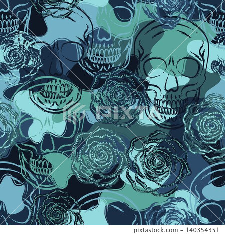 Blue camo pattern with human skulls, roses Blue camo pattern with human skulls, roses 140354351