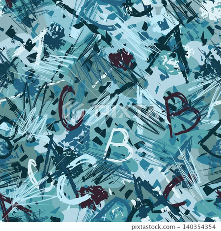 Seamless blue camouflage pattern with doodles Seamless blue camouflage pattern with doodles 140354354