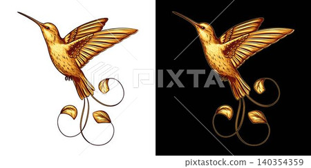 Flying golden fantasy hummingbird with curly tail feathers in vintage style. Detailed design element on transparent, black background. Isolated colorful illustration 140354359