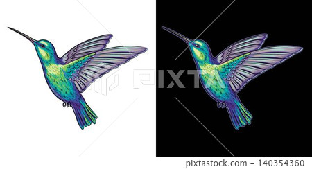 Flying hummingbird in vintage style. Detailed design element on transparent, black background. Isolated colorful illustration Flying hummingbird in vintage style. Detailed design element on transparent, black background. Isolated colorful illustration 140354360