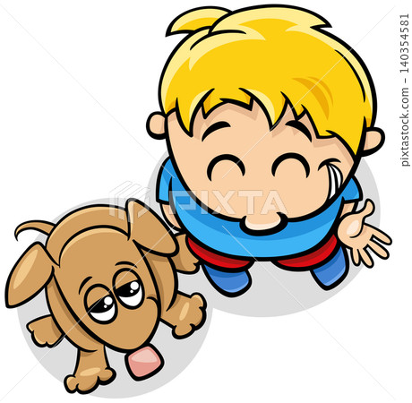 funny cartoon happy little boy character with his pet puppy funny cartoon happy little boy character with his pet puppy 140354581
