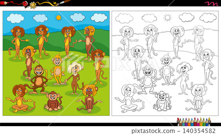 funny cartoon monkeys wild animal characters set coloring page 140354582