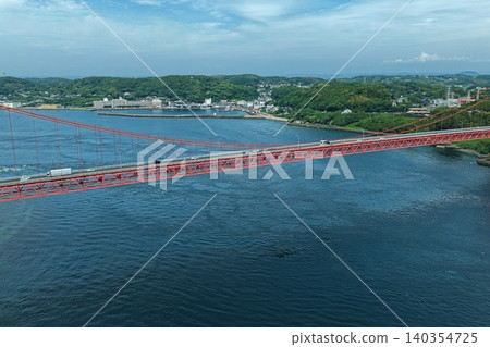 An aerial photograph overlooking the Hirado Bridge and the Hirado Strait in Nagasaki Prefecture. An aerial photograph overlooking the Hirado Bridge and the Hirado Strait in Nagasaki Prefecture. 140354725