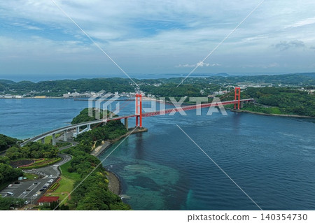 An aerial photograph overlooking the Hirado Bridge and the strait in Nagasaki Prefecture. An aerial photograph overlooking the Hirado Bridge and the strait in Nagasaki Prefecture. 140354730